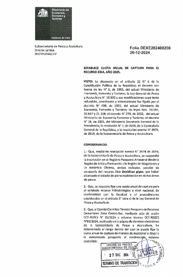 Dec. Ex. Folio 202400206 Establece Cuota Anual de Captura Para el Recurso Jibia, Año 2025. (Publicado en Página Web 30-12-2024)