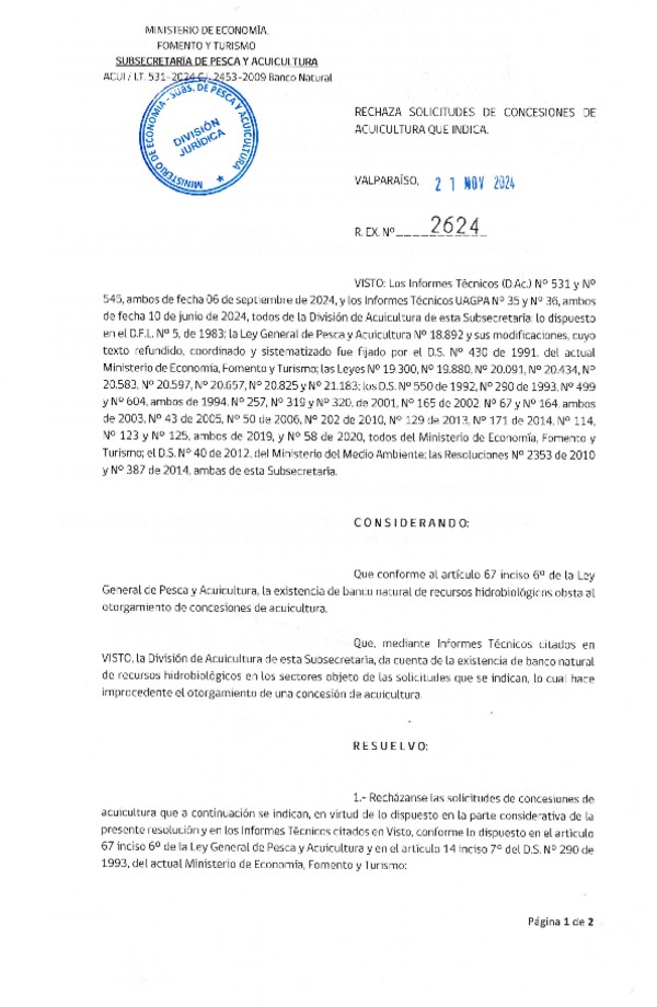 Res. Ex. N° 2624-2023 Rechaza solicitudes de concesión de acuicultura que indica. (F.D.O. 07-12-2024)