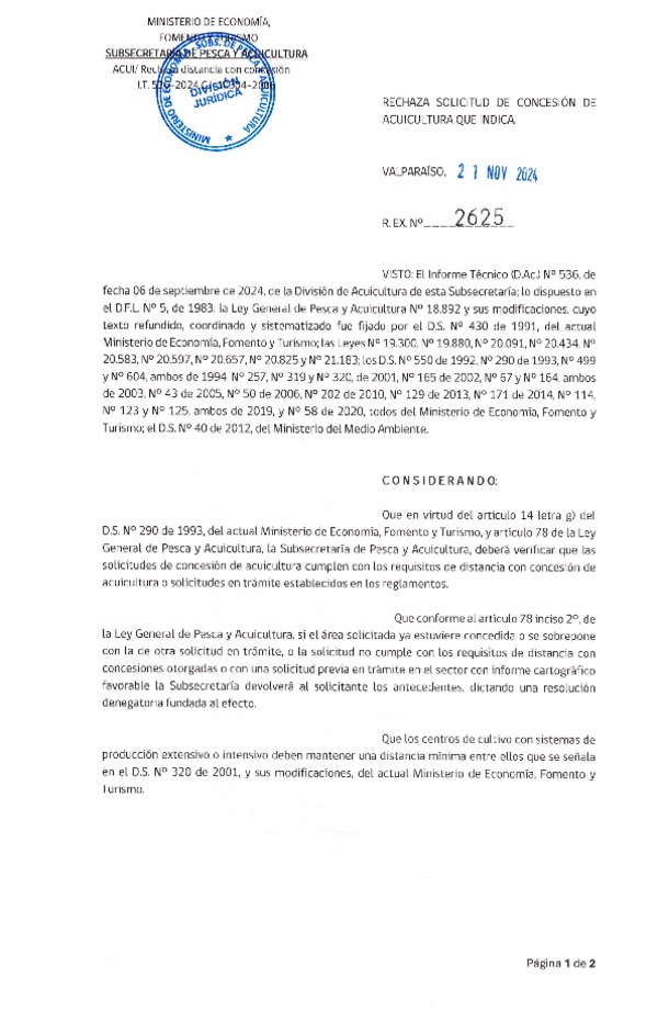 Res. Ex. N° 2625-2024 Rechaza solicitud de concesión de acuicultura que indica. (F.D.O. 07-12-2024)
