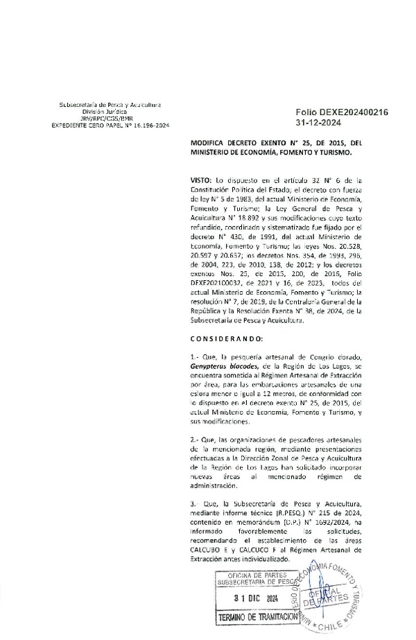 Dec. Ex. Folio 202400216 Modifica Dec Ex. N° 25-2015 Establece Régimen Artesanal de Extracción por Área y por Organización de Pescadores Artesanales, Congrio Dorado en la Región de Los Lagos. (Publicado en Página Web 03-01-2025)(F.D.O. 08-02-2025)