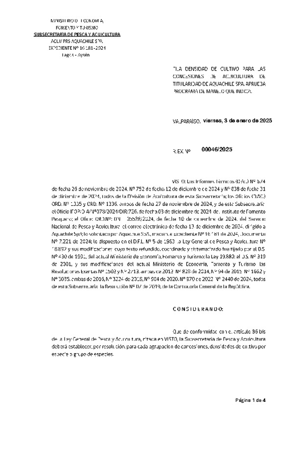 Res. Ex. N° 46-2025 Fija densidad de cultivo para las concesiones de acuicultura de titularidad de Aquachile SpA. Aprueba programa de manejo que indica. (Con Informe Técnico) (Publicado en Página Web 06-01-2025)
