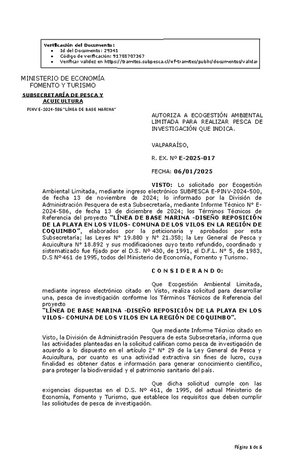 Res. Ex. N° 17-2025 AUTORIZA A ECOGESTIÓN AMBIENTAL LIMITADA PARA REALIZAR PESCA DE INVESTIGACIÓN QUE INDICA. (Publicado en Página Web 07-01-2025)