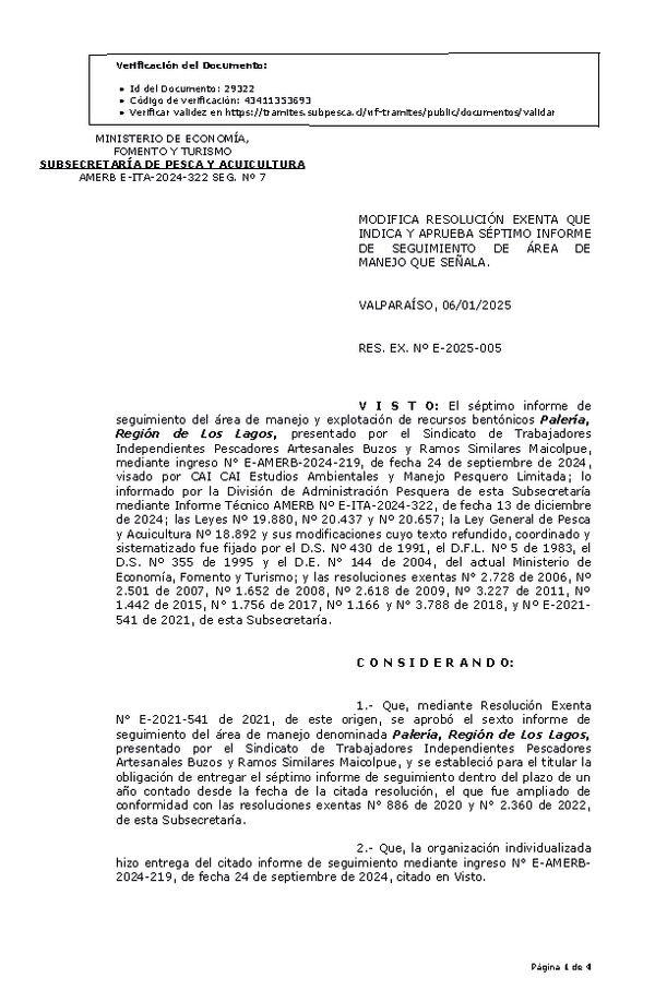 RESOL. EXENTA Nº E-2025-5 Modifica resolución que indica, Aprueba séptimo informe de seguimiento. (Publicado en Página Web 07-01-2024)