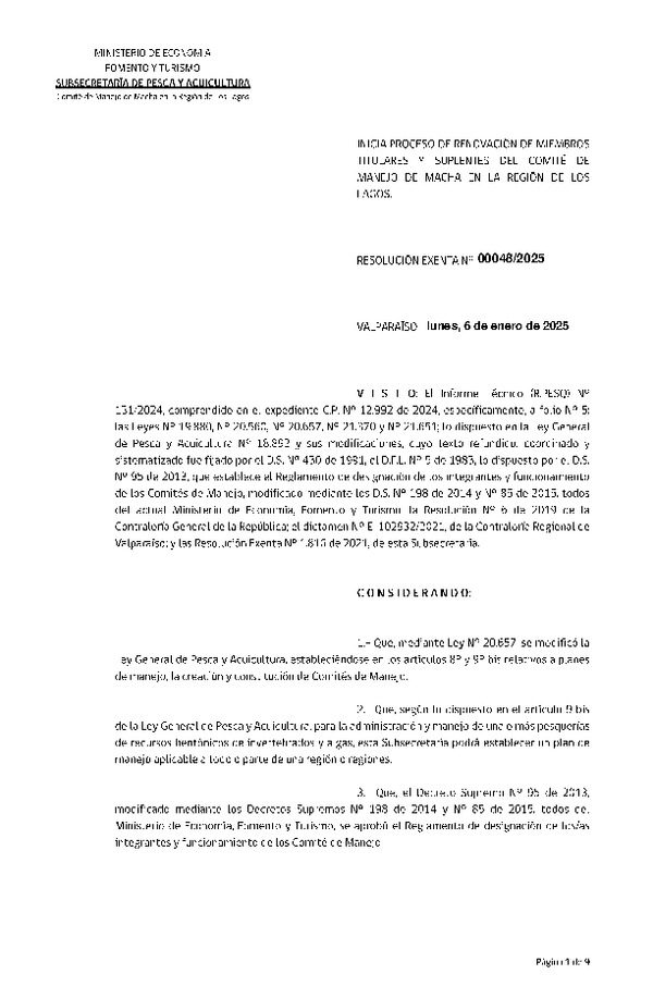 Res. Ex. N° 48-2025 Inicia Proceso de Renovación de Miembros Titulares y Suplentes del Comité de Manejo de Macha en la Región de Los Lagos. (Con Informe Técnico) (Publicado en Página Web 07-01-2025)