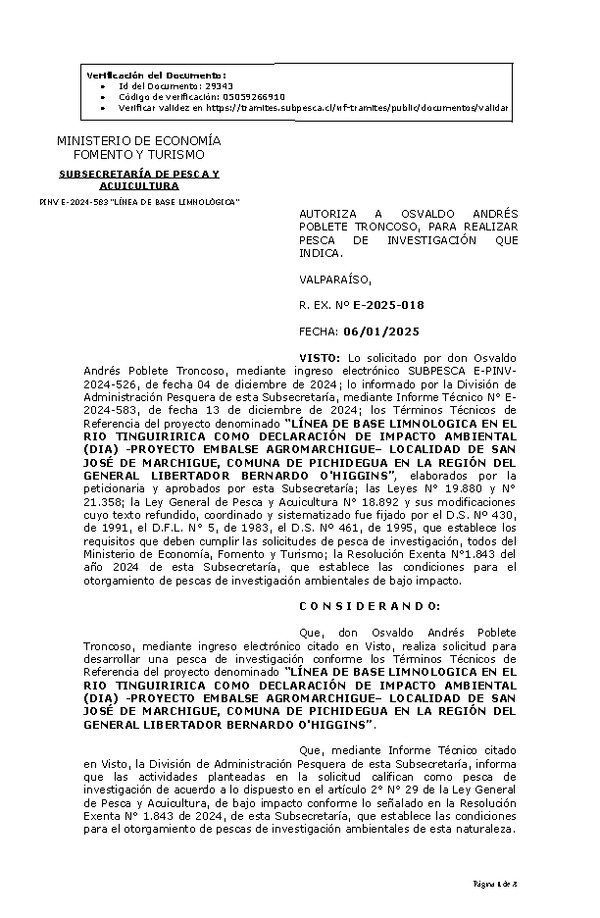 Res. Ex. N° 18-2025 AUTORIZA A OSVALDO ANDRÉS POBLETE TRONCOSO, PARA REALIZAR PESCA DE INVESTIGACIÓN QUE INDICA. (Publicado en Página Web 08-01-2025)