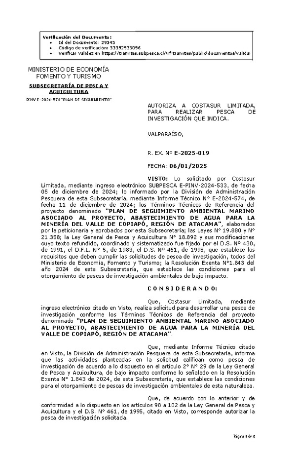 Res. Ex. N° 19-2025 AUTORIZA A COSTASUR LIMITADA, PARA REALIZAR PESCA DE INVESTIGACIÓN QUE INDICA. (Publicado en Página Web 08-01-2025)