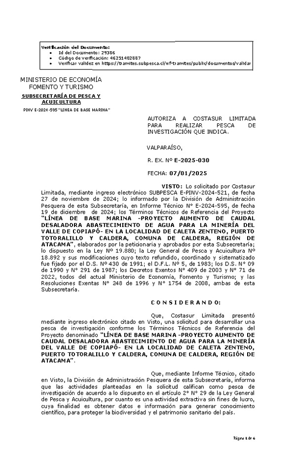 Res. Ex. N° 30-2025 AUTORIZA A COSTASUR LIMITADA PARA REALIZAR PESCA DE INVESTIGACIÓN QUE INDICA. (Publicado en Página Web 08-01-2025)