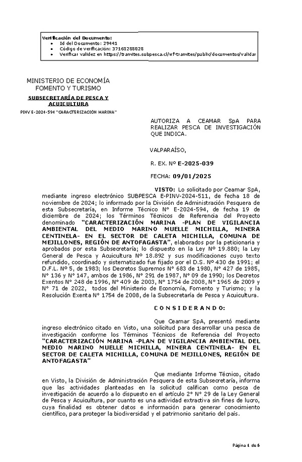 Res. Ex. N° 39-2025 AUTORIZA A CEAMAR SpA PARA REALIZAR PESCA DE INVESTIGACIÓN QUE INDICA. (Publicado en Página Web 09-01-2025)