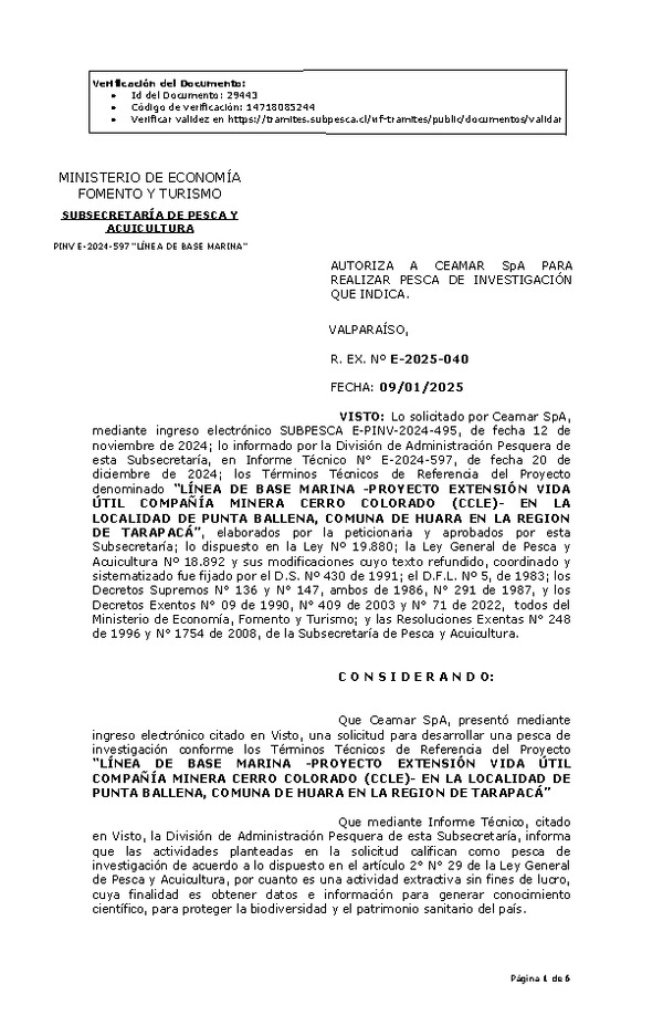 Res. Ex. N° 40-2025 AUTORIZA A CEAMAR SpA PARA REALIZAR PESCA DE INVESTIGACIÓN QUE INDICA. (Publicado en Página Web 09-01-2025)