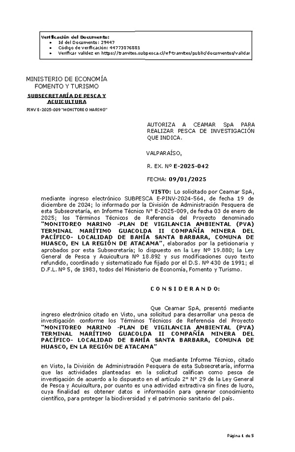 Res. Ex. N° 42-2025 AUTORIZA A CEAMAR SpA PARA REALIZAR PESCA DE INVESTIGACIÓN QUE INDICA. (Publicado en Página Web 09-01-2025)
