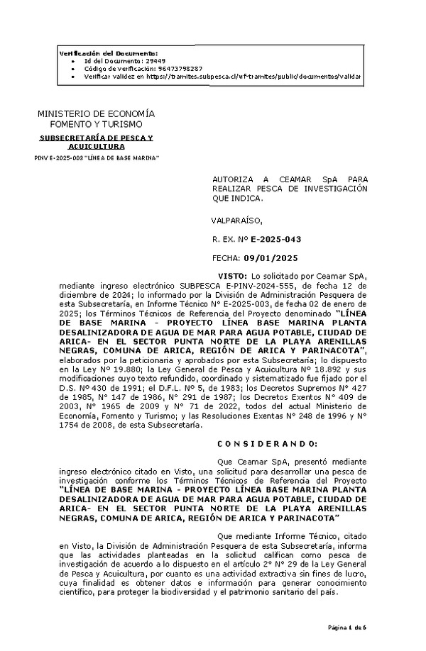 Res. Ex. N° 43-2025 AUTORIZA A CEAMAR SpA PARA REALIZAR PESCA DE INVESTIGACIÓN QUE INDICA. (Publicado en Página Web 09-01-2025)