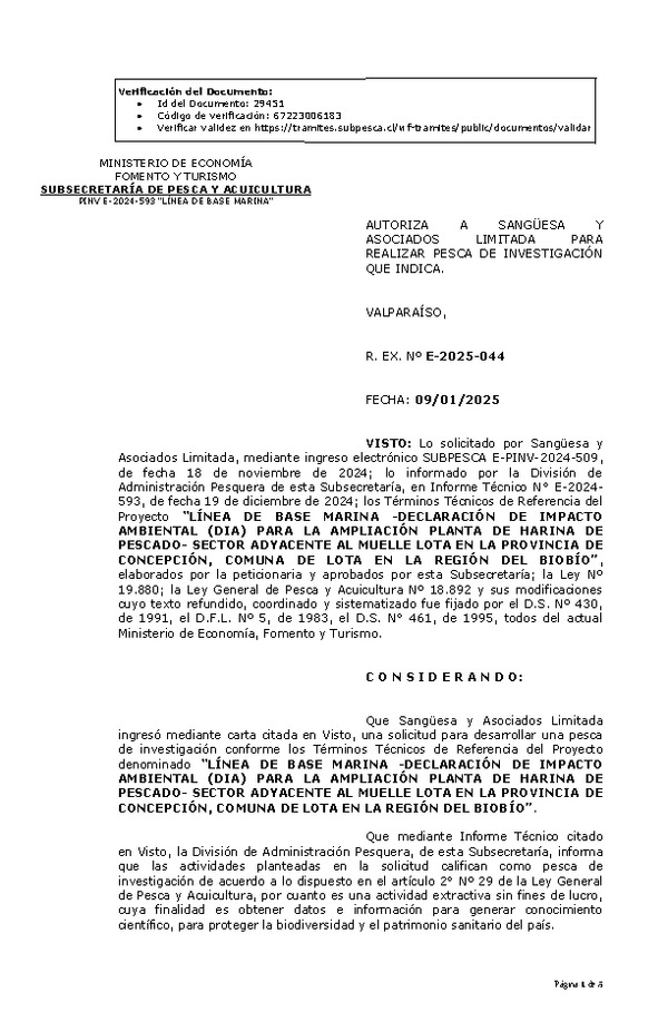 Res. Ex. N° 44-2025 AUTORIZA A SANGÜESA Y ASOCIADOS LIMITADA PARA REALIZAR PESCA DE INVESTIGACIÓN QUE INDICA. (Publicado en Página Web 09-01-2025)