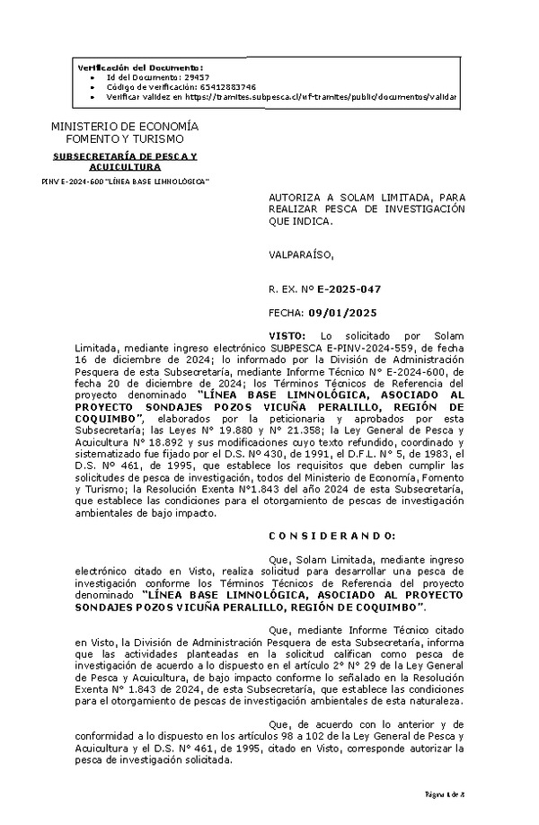 Res. Ex. N° 47-2025 AUTORIZA A SOLAM LIMITADA, PARA REALIZAR PESCA DE INVESTIGACIÓN QUE INDICA. (Publicado en Página Web 09-01-2025)