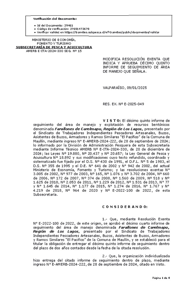 RES. EX. Nº E-2025-049 Modifica resolución que indica y Aprueba décimo quinto informe de seguimiento. (Publicado en Página Web 09-01-2025)