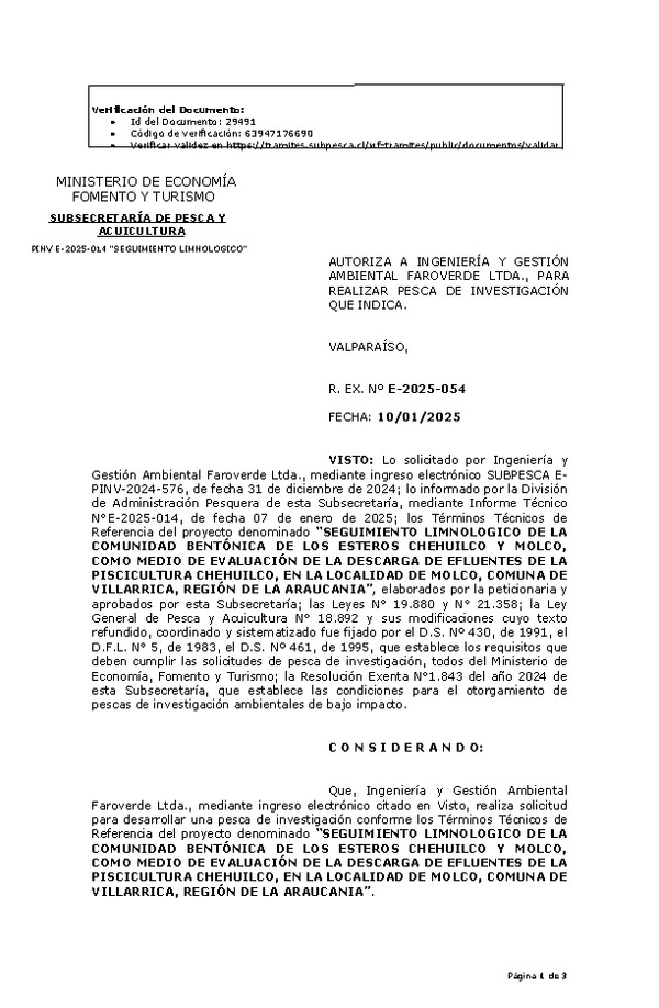 Res. Ex. N° 54-2025 AUTORIZA A INGENIERÍA Y GESTIÓN AMBIENTAL FAROVERDE LTDA., PARA REALIZAR PESCA DE INVESTIGACIÓN QUE INDICA. (Publicado en Página Web 13-01-2025)