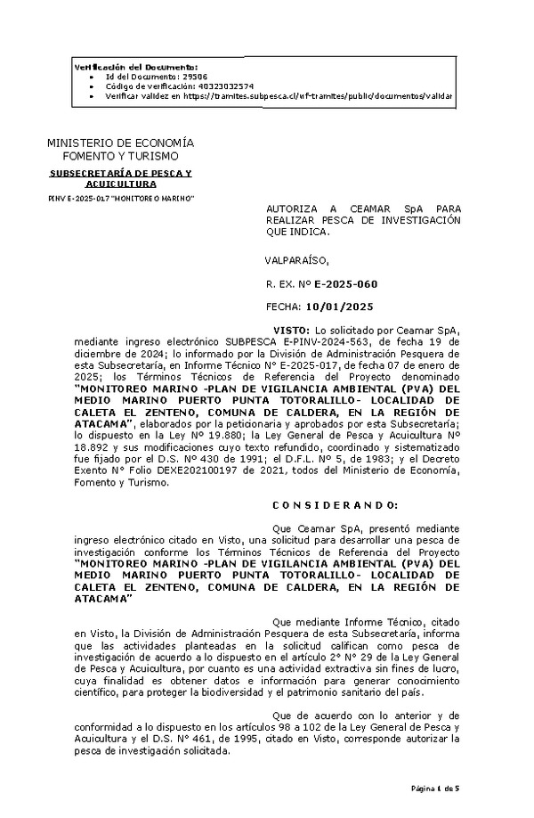 Res. Ex. N° 60-2025 AUTORIZA A CEAMAR SpA PARA REALIZAR PESCA DE INVESTIGACIÓN QUE INDICA. (Publicado en Página Web 13-01-2025)