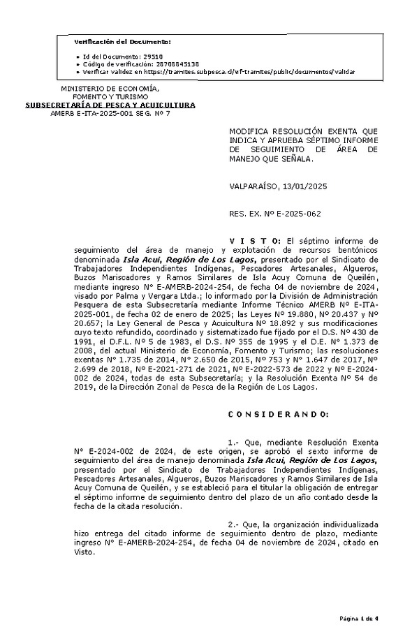 RESOL. EXENTA Nº E-2025-62 Modifica resolución que indica, Aprueba séptimo informe de seguimiento. (Publicado en Página Web 13-01-2025)