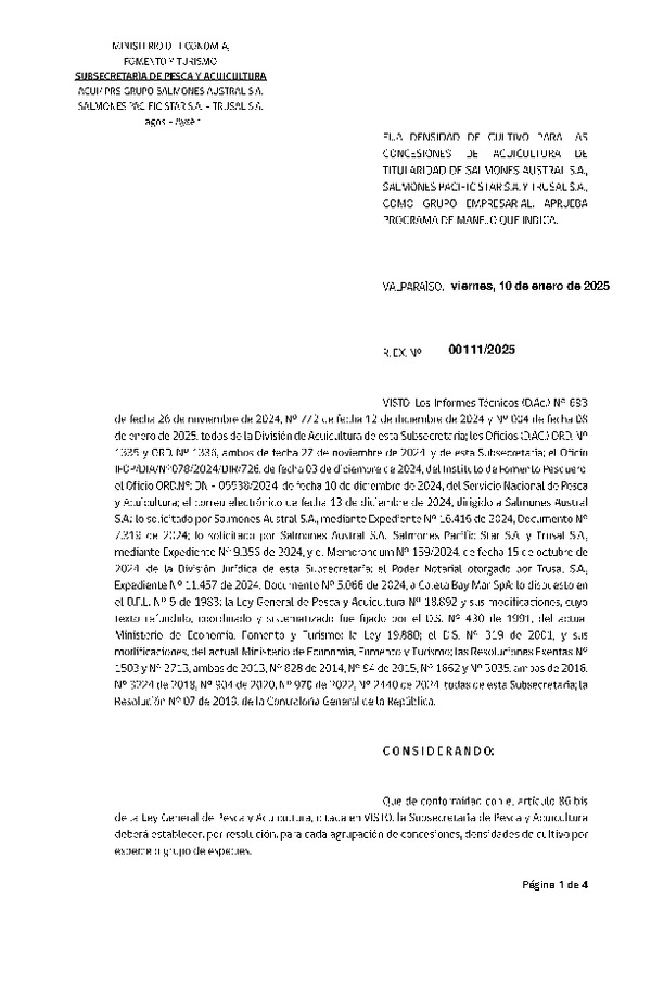 Res. Ex. N° 111-2025 Fija densidad de cultivo para las concesiones de acuicultura de titularidad de Salmones Austral S.A., Salmones Pacific Star S.A. y Trusal S.A., como grupo empresarial. Aprueba programa de manejo que indica. (Con Informe Técnico) (Publicado en Página Web 14-01-2025)