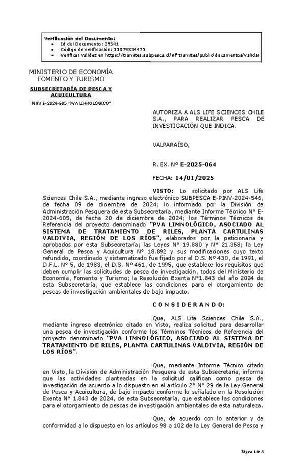 RR. EX. Nº E-2025-064 AUTORIZA A ALS LIFE SCIENCES CHILE S.A., PARA REALIZAR PESCA DE INVESTIGACIÓN QUE INDICA. (Publicado en Página Web 15-01-2025)