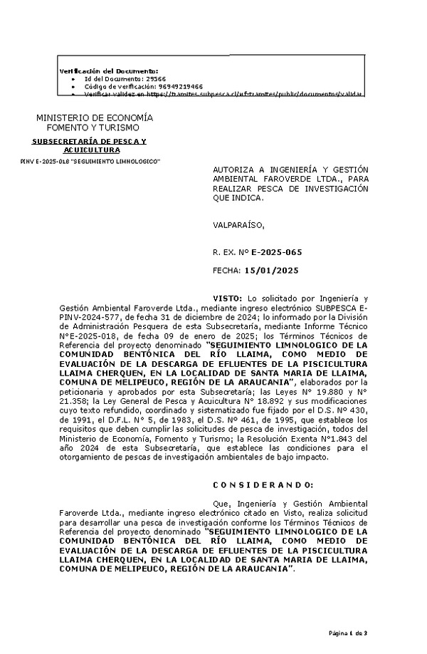 RR. EX. Nº E-2025-065 AUTORIZA A INGENIERÍA Y GESTIÓN AMBIENTAL FAROVERDE LTDA., PARA REALIZAR PESCA DE INVESTIGACIÓN QUE INDICA. (Publicado en Página Web 15-01-2025)