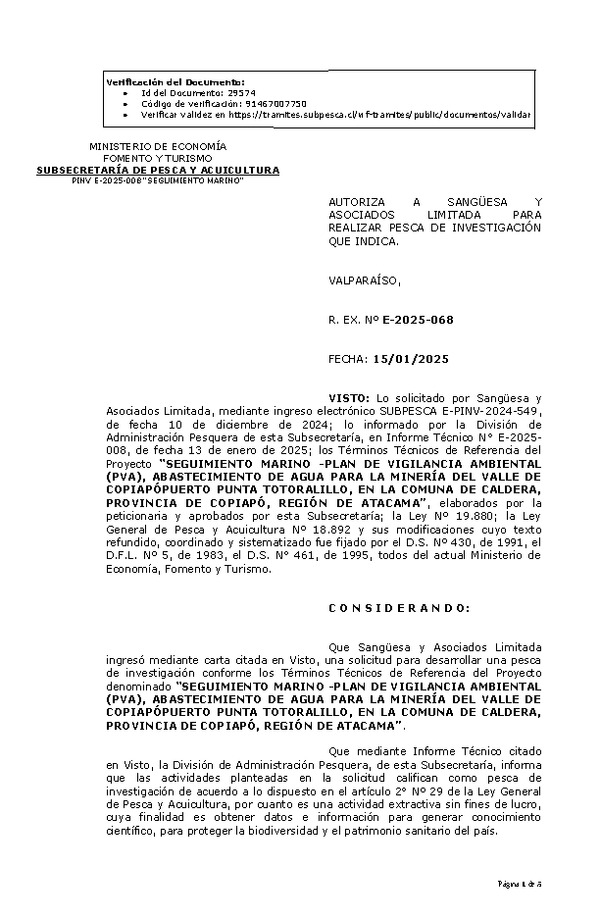 RR. EX. Nº E-2025-068 AUTORIZA A SANGÜESA Y ASOCIADOS LIMITADA PARA REALIZAR PESCA DE INVESTIGACIÓN QUE INDICA. (Publicado en Página Web 15-01-2025)