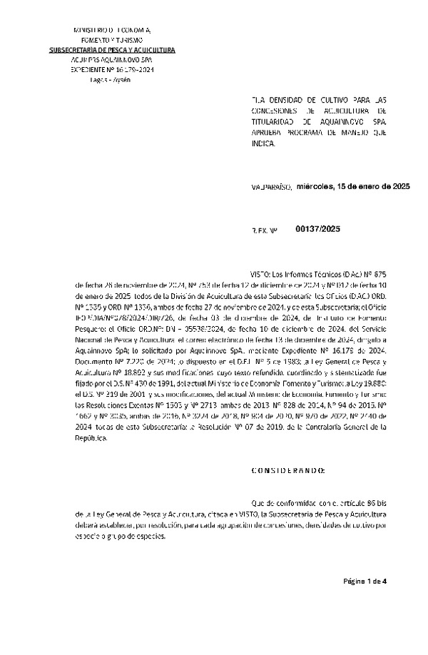 Res. Ex. N° 137-2025 Fija densidad de cultivo para las concesiones de acuicultura de titularidad de Aquainovo SpA. Aprueba programa de manejo que indica. (Con Informe Técnico) (Publicado en Página Web 16-01-2025)