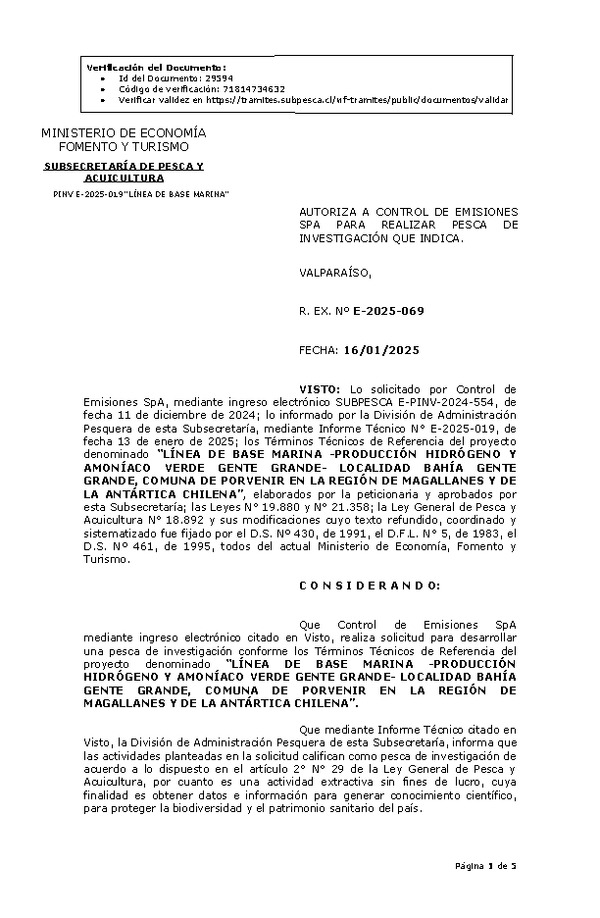Rex. Ex. Nº E-2025-069 AUTORIZA A CONTROL DE EMISIONES SPA PARA REALIZAR PESCA DE INVESTIGACIÓN QUE INDICA. (Publicado en Página Web 17-01-2025)