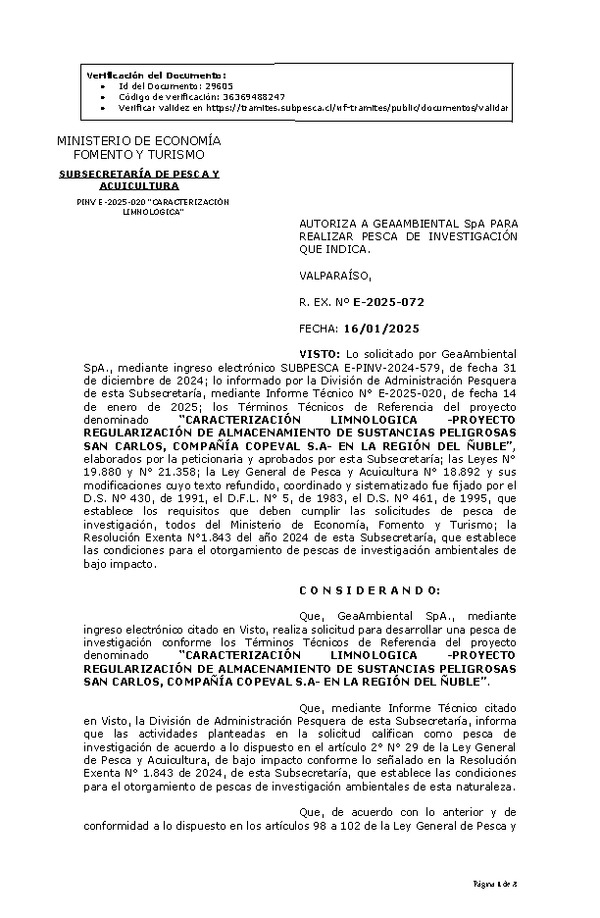 R. EX. Nº E-2025-072 AUTORIZA A GEAAMBIENTAL SpA PARA REALIZAR PESCA DE INVESTIGACIÓN QUE INDICA. (Publicado en Página Web 17-01-2025)