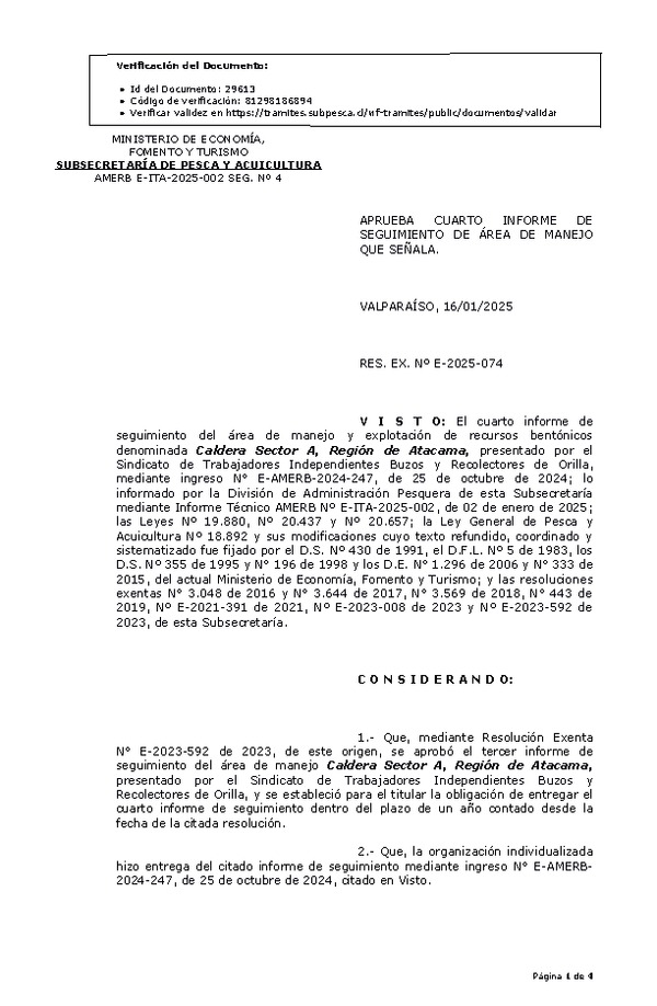 RESOL. EXENTA Nº E-2025-074 Aprueba cuarto informe de seguimiento. (Publicado en Página Web 17-01-2025)