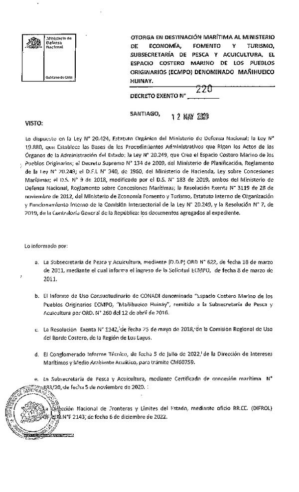 Decreto de regulación marina Mañihueico Huinay