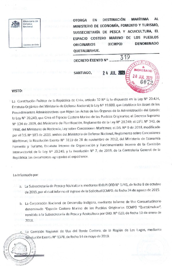 Decreto de regulación marina Quetalmahue