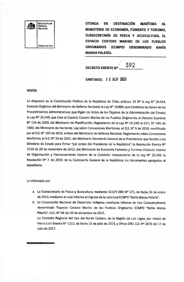 Decreto de regulación marina Bahía Mansa Palería