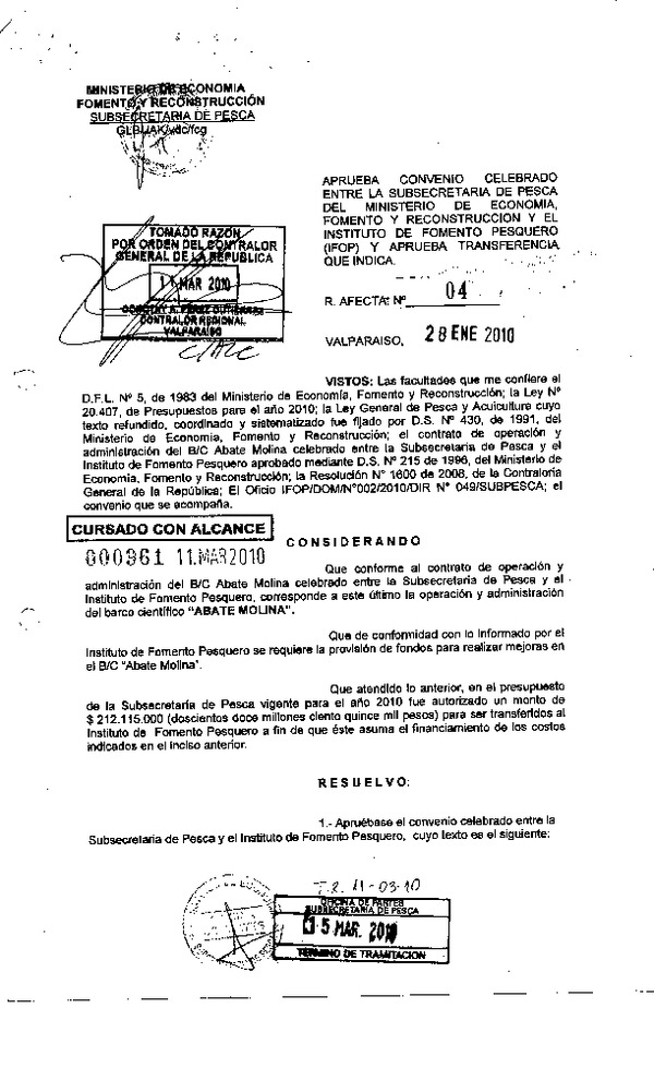 Res. Af. N°04-2010, Aprueba convenio celebrado entre la Subsecretaría de Pesca y el Instituto de Fomento Pesquero (IFOP) y aprueba transferencia que indica