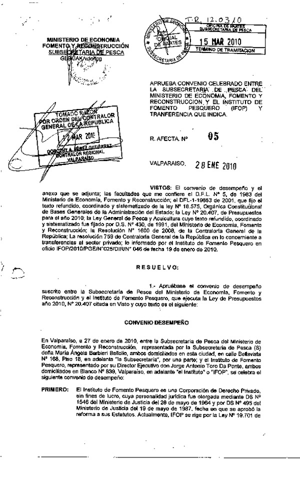 Res. Af. N°05-2010, Aprueba convenio celebrado entre la Subsecretaría de Pesca y el Instituto de Fomento Pesquero (IFOP) y aprueba transferencia que indica