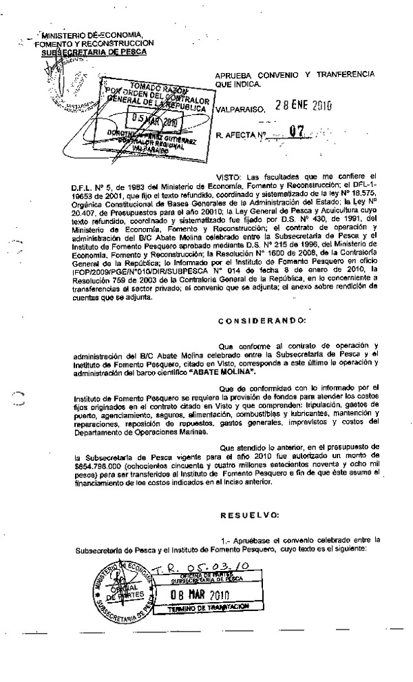 Res. Af. N°07-2010, Aprueba convenio celebrado entre la Subsecretaría de Pesca y el Instituto de Fomento Pesquero (IFOP) y aprueba transferencia que indica