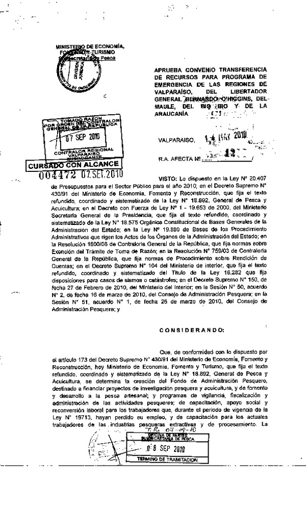 Res. Af. N°12-2010, Aprueba convenio transferencia de recursos para programa de emergencia de las regiones de Valparaíso, del Libertador General Bernardo O'Higgins, del Maule, del Bio Bio y de La Araucanía