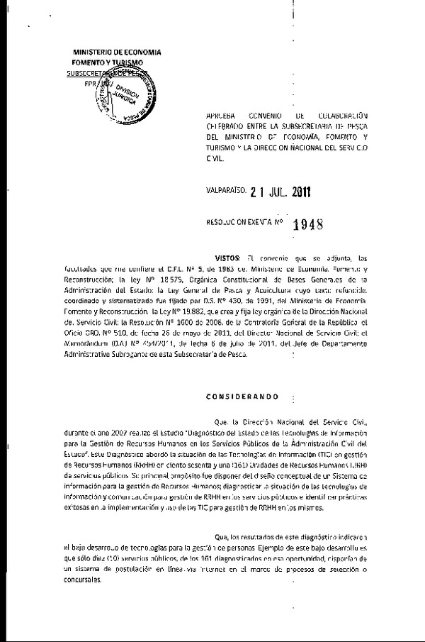 Res. Ex. N°1948-2011, Aprueba convenio de colaboración celebrado entre la Subsecretaría de Pesca y la Dirección Nacional del Servicio Civil