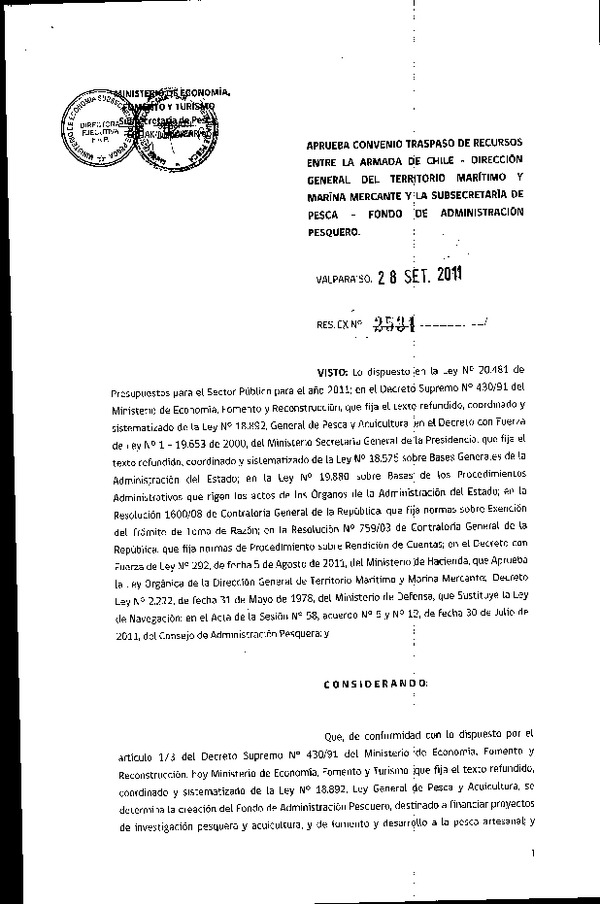 Res. Ex. N°2531-2011, Aprueba convenio traspaso de recursos entre la Armada de Chile - Dirección General del Territorio Marítimo y Marina Mercante y la Subsecretaría de Pesca / Fondo de Administración Pesquero
