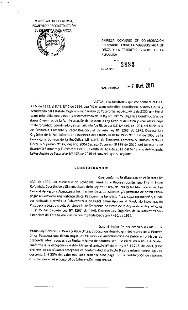 Res. Ex. N°2883-2011, Aprueba convenio de colaboración celebrado entre la Subsecretaría de Pesca y la Tesorería General de la República
