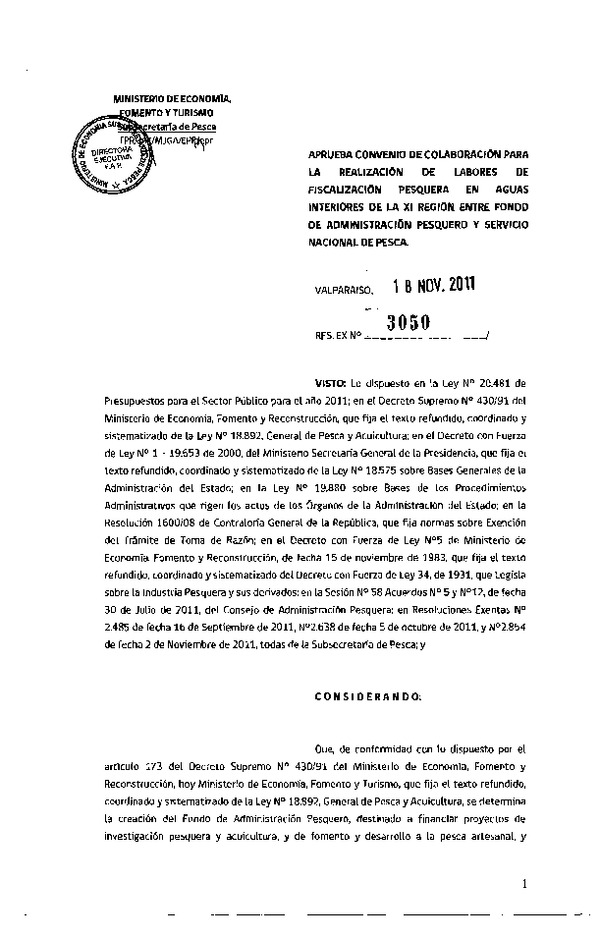 Res. Ex. N°3050-2011, Aprueba convenio de colaboración para la realización de labores de fiscalización pesquera en aguas interiores de la XI región entre Fondo de Administración Pesquero y Servicio Nacional de Pesca