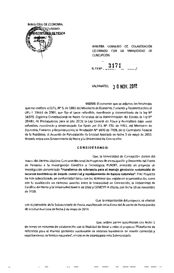 Res. Ex. N°3171-2011, Aprueba convenio de colaboración celebrado con la Universidad de Concepción