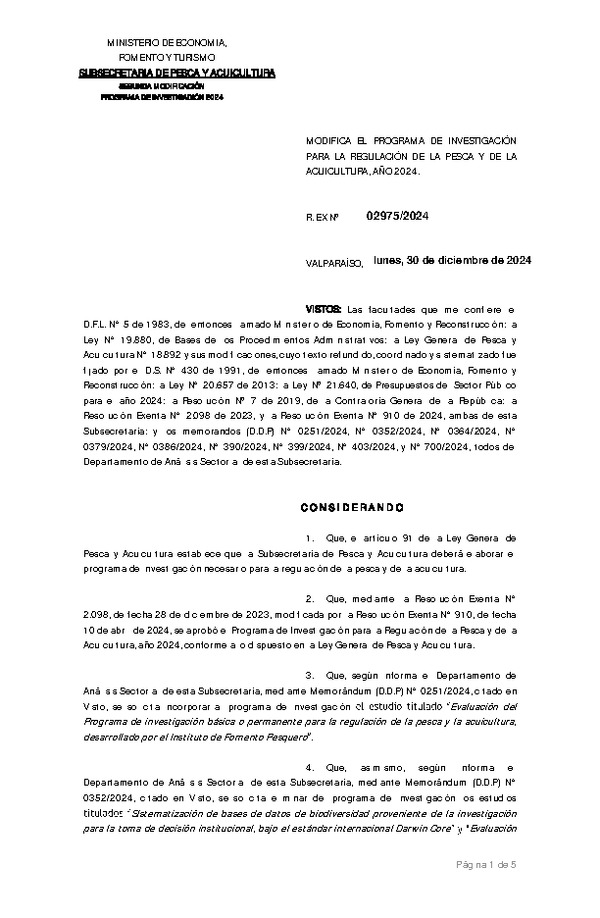 Res. Ex. N° 2975-2024 Modifica Res. Ex. N° 2098-2023 Aprueba Programa de Investigación para la Regulación de la Pesca y de la Acuicultura año 2024. (Publicado en Página Web 21-01-2025)