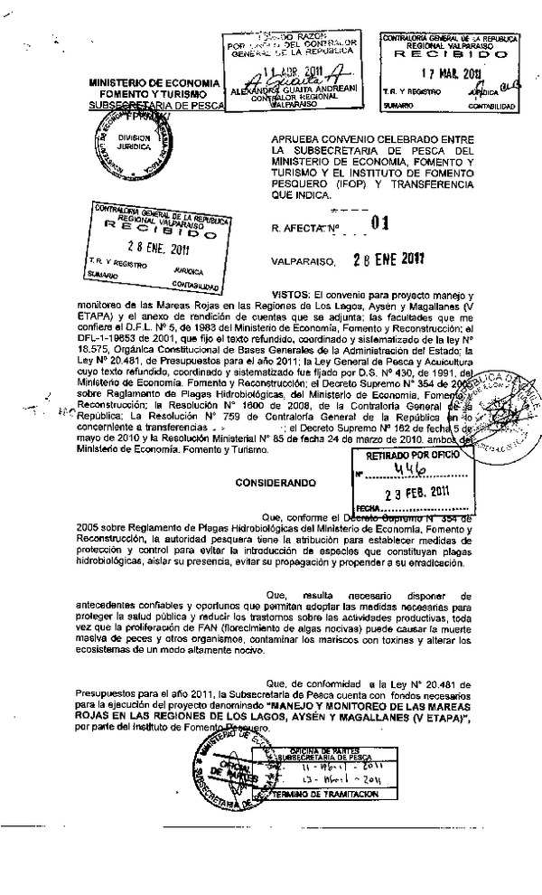 Res. Af. N° 01-2011, Aprueba convenio celebrado entre la Subsecretaría de Pesca y el Instituto de Fomento Pesquero (IFOP) y transferencia que indica