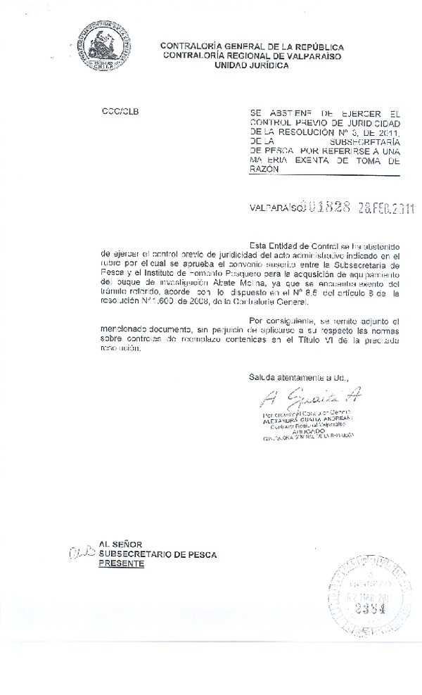 Res. Af. N° 03-2011. Aprueba convenio celebrado entre la Subsecretaría de Pesca y el Instituto de Fomento Pesquero (IFOP) y aprueba transferencia que indica