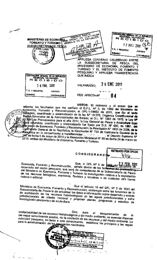 Res. Af. N° 04-2011. Aprueba convenio celebrado entre la Subsecretaría de Pesca y el Instituto de Fomento Pesquero (IFOP) y aprueba transferencia que indica
