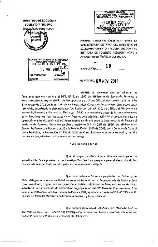 Res. Af. N° 10-2011, Aprueba convenio celebrado entre la Subsecretaría de Pesca y el Instituto de Fomento Pesquero (IFOP) y aprueba transferencia que indica