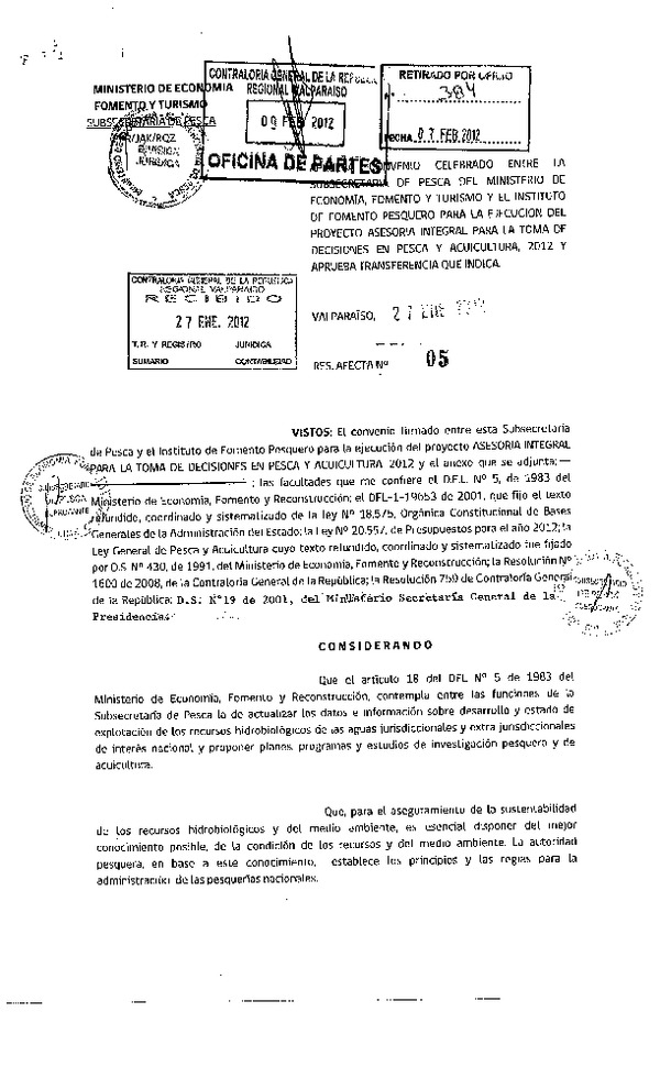 Res. Af. N°05-2012, Aprueba convenio celebrado entre la Subsecretaría de Pesca y el Instituto de Fomento Pesquero para la ejecución del proyecto Asesoria integral para la toma de decisiones en pesca y acuicultura, 2012 y aprueba transferencia que indica