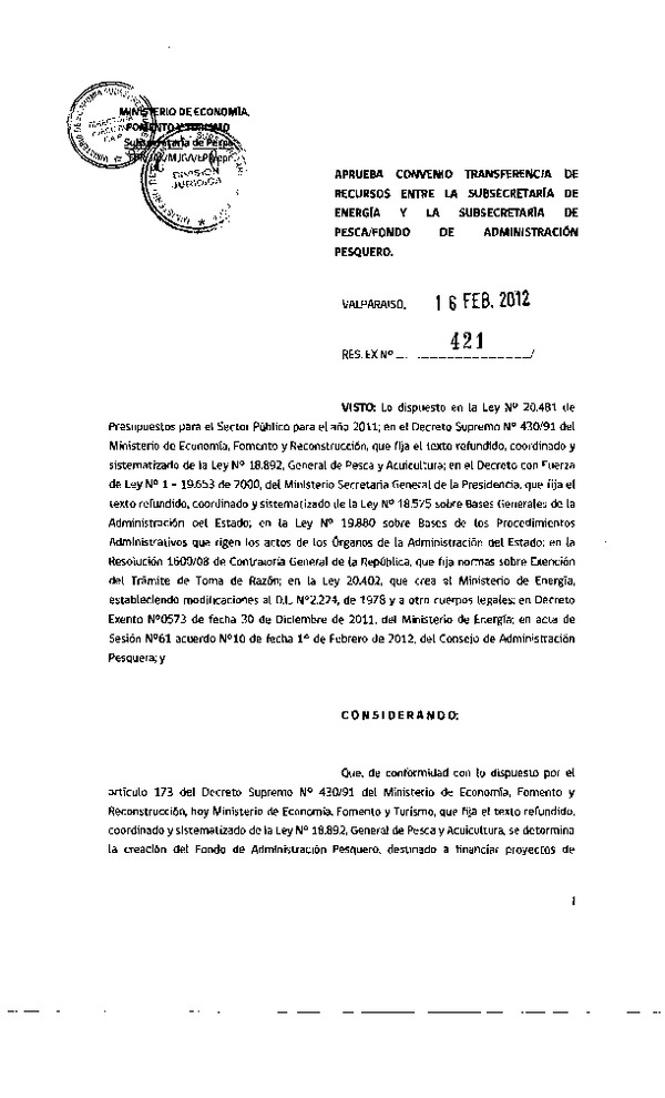 Res. Ex. N°421-2012, Aprueba convenio transferencia de recursos entre la Subsecretaría de Energía y la Subsecretaría de Pesca / Fondo de Administración Pesquero