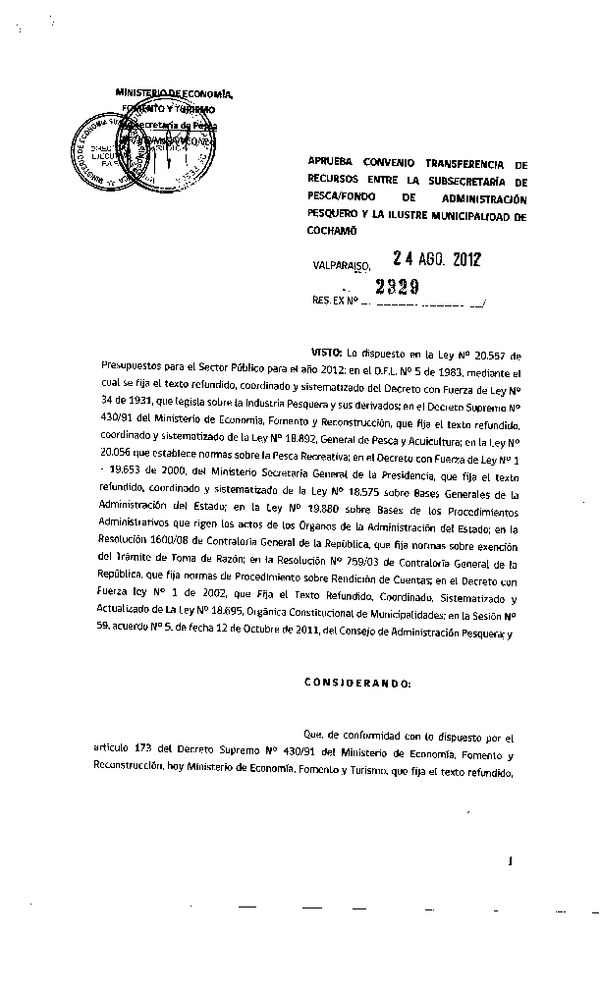 Res. Ex. N°2329-2012, Aprueba convenio transferencia de recursos entre la Subsecretaría de Pesca / Fondo de Administración Pesquero y la Ilustre Municipalidad de Cochamó