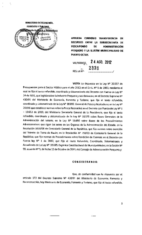 Res. Ex. N°2331-2012, Aprueba convenio transferencia de recursos entre la Subsecretaría de Pesca / Fondo de Administración Pesquero y la Ilustre Municipalidad de Puerto Octay